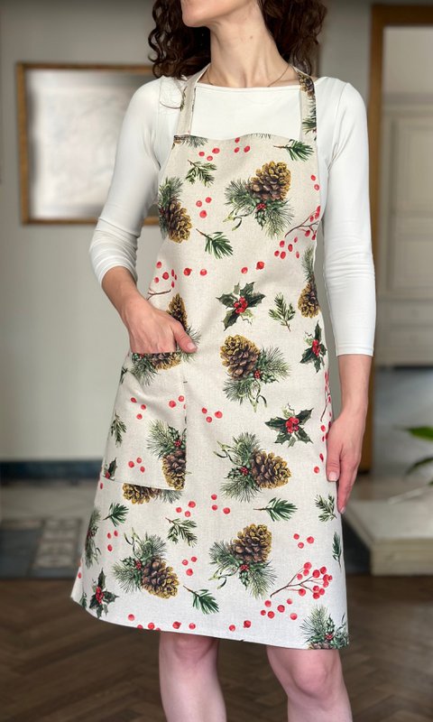 Tablier de Noël pour femme en mélange de coton et de lin, imprimé | Pin doré