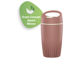 A pink reusable travel cup with a pleated design and a green leaf logo, suitable for hot and cold beverages.
