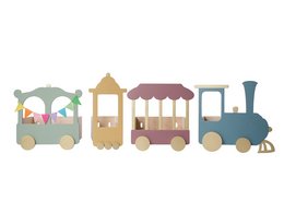 Pastel-colored wooden train shelf with 4 elements, including a locomotive, carriages, and buildings, designed for children's rooms.