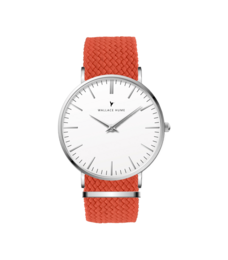 Classic white watch with a round silver case and an orange woven nylon strap.