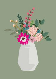 Colorful floral bouquet in a geometric vase. Includes pink and white flowers, greenery, and berries.