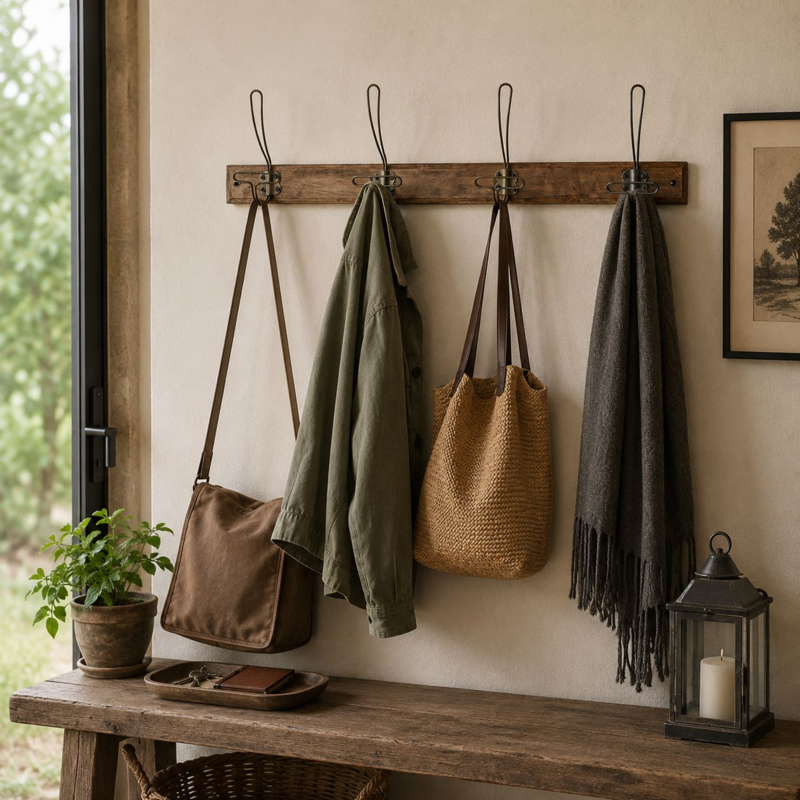 Iron and wooden hanger with 4 hooks 73 x 10 x 16 h cm