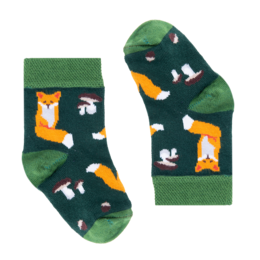 Colorful fox-patterned socks for kids, available in sizes 14-19, 20-25, 26-30, and 31-35.
