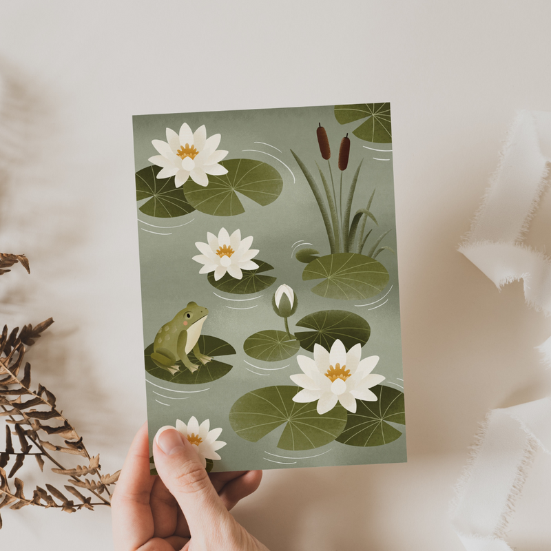 Postcard pond water lilies greeting card frog - postcard spring water lily pond