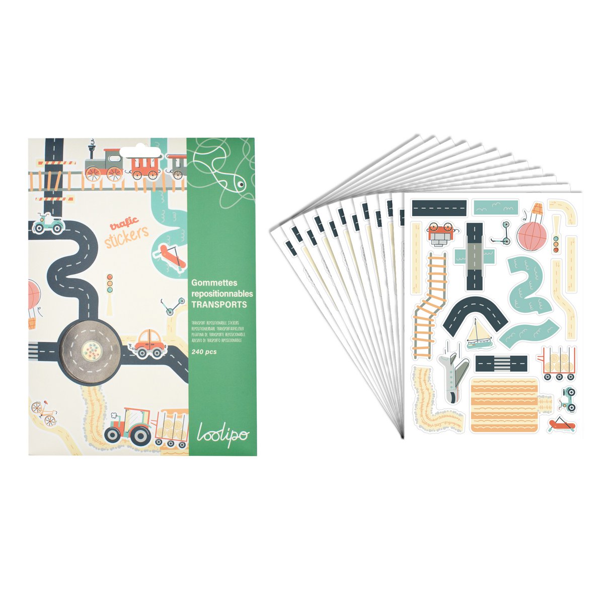 REPOSITIONABLE PAPER STICKERS - TRANSPORTS - 2 - 7 cm - 240 pcs - Assorted colors