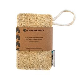 Natural and biodegradable loose loofah sponge for exfoliating and cleansing skin. Made from plant-based materials, with a rectangular shape and textured surface.