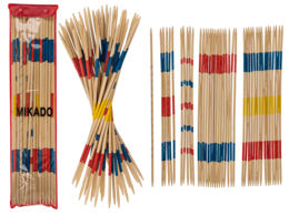  "Wooden Mikado jumbo game set with colorful striped sticks in red, blue, yellow, natural wood"