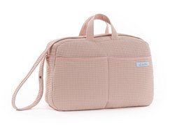 Large capacity beige maternity diaper bag with multiple pockets for stroller and hospital use, made in Spain.