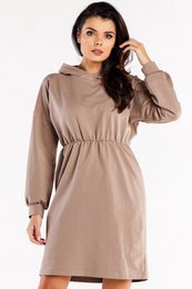 Wijde, beige katoenen jurk in hoodiestijl