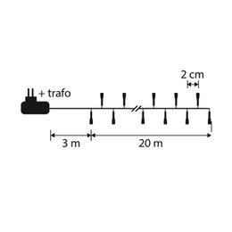 Multicolored plastic Christmas tree lighting with a 20m cord and 2cm spacing between lights.