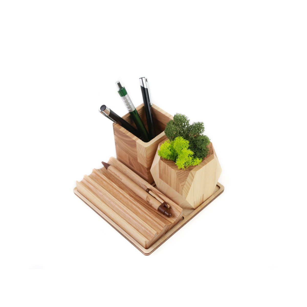 Wooden desk organizer with moss, Desk accessories with moss