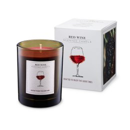 Red wine scented candle, dark glass container, gold rim, wine glass design, burgundy red color, luxury home fragrance.