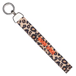  Beige woven keychain with pink "Bonjour" text, metal ring attachment, French-inspired bag charm accessory.