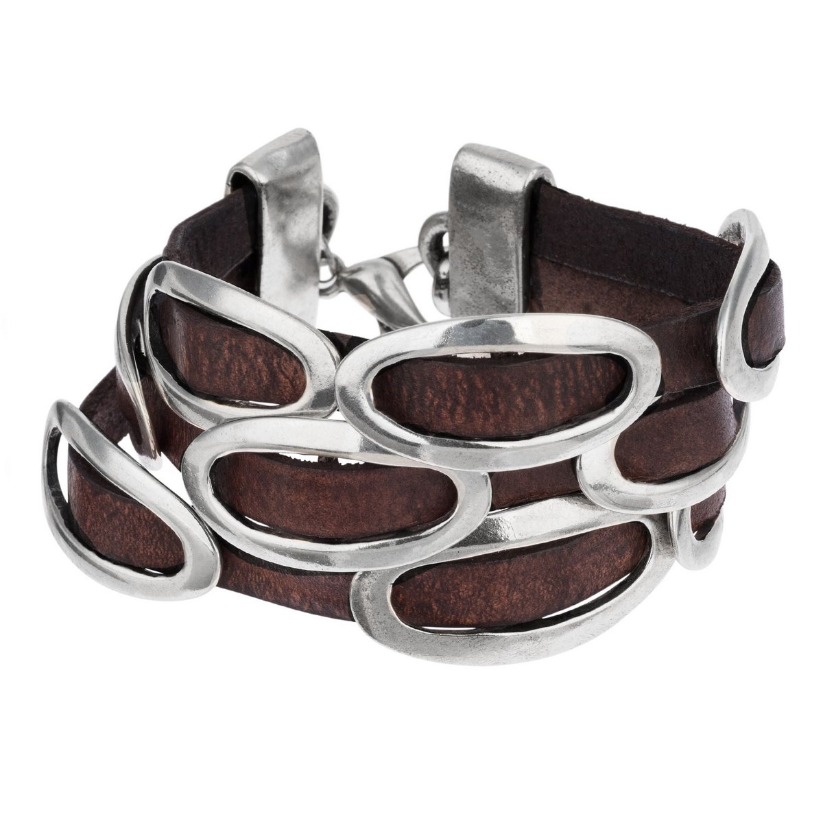 Drievoudig zilveren en bruin leren armband met gespen