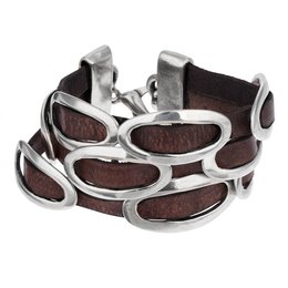 Drievoudig zilveren en bruin leren armband met gespen