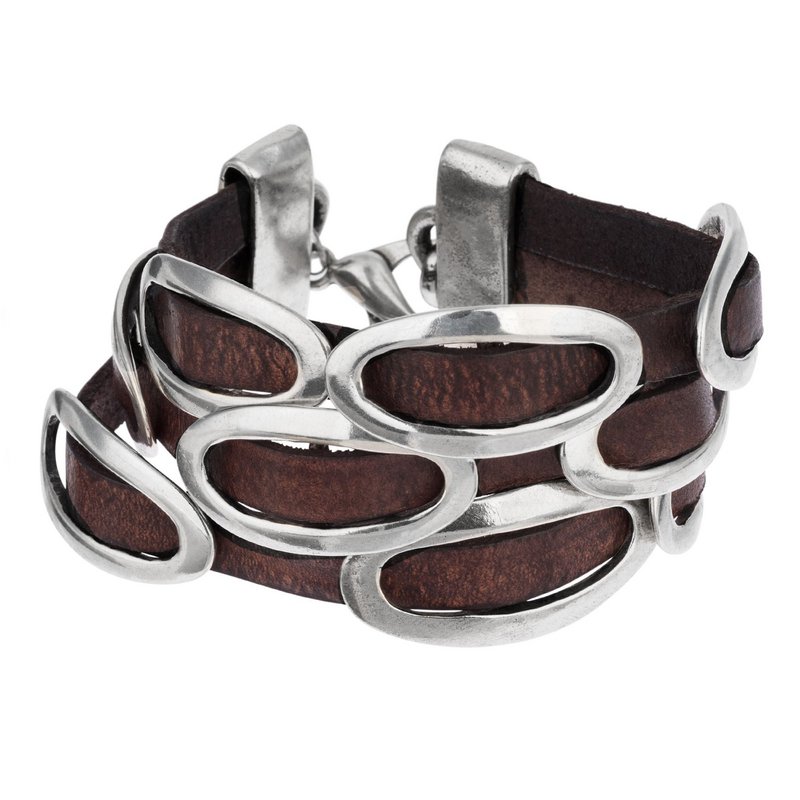 Drievoudig zilveren en bruin leren armband met gespen