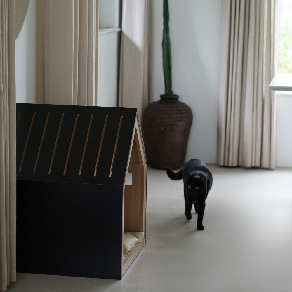 Kattenhuis | hondenhuis | hout | katoen | zwart | 58 x 58 x 65 cm