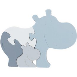 Blue silicone puzzle in the shape of a hippopotamus. Puzzle pieces with various shades of blue and gray colors. Suitable for children.