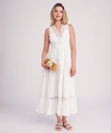  White sleeveless maxi beach dress, flowing lightweight cover-up, V-neckline, bohemian style.