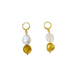 White and gold pearl drop earrings with a modern, elegant design.