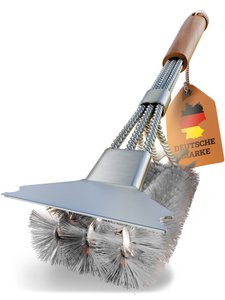 Premium grill brush stainless steel with scraper and grip made of acacia wood