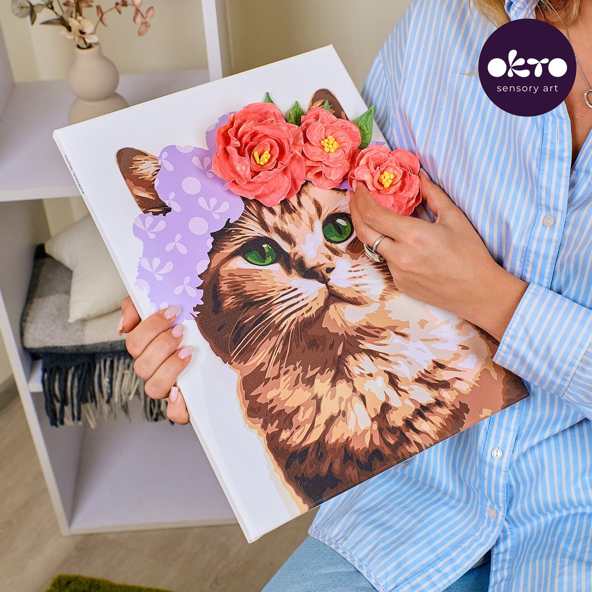 Okto Sensory 3D Air Clay and Color by Numbers - Cat with Flower Wreath