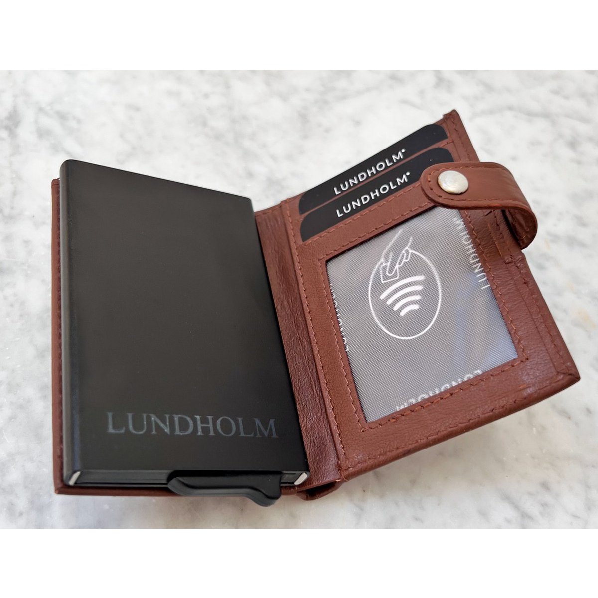 Tarjetero de piel + organizador de llaves marrón — set de regalo para hombre — Lundholm Örebro Safety Wallet