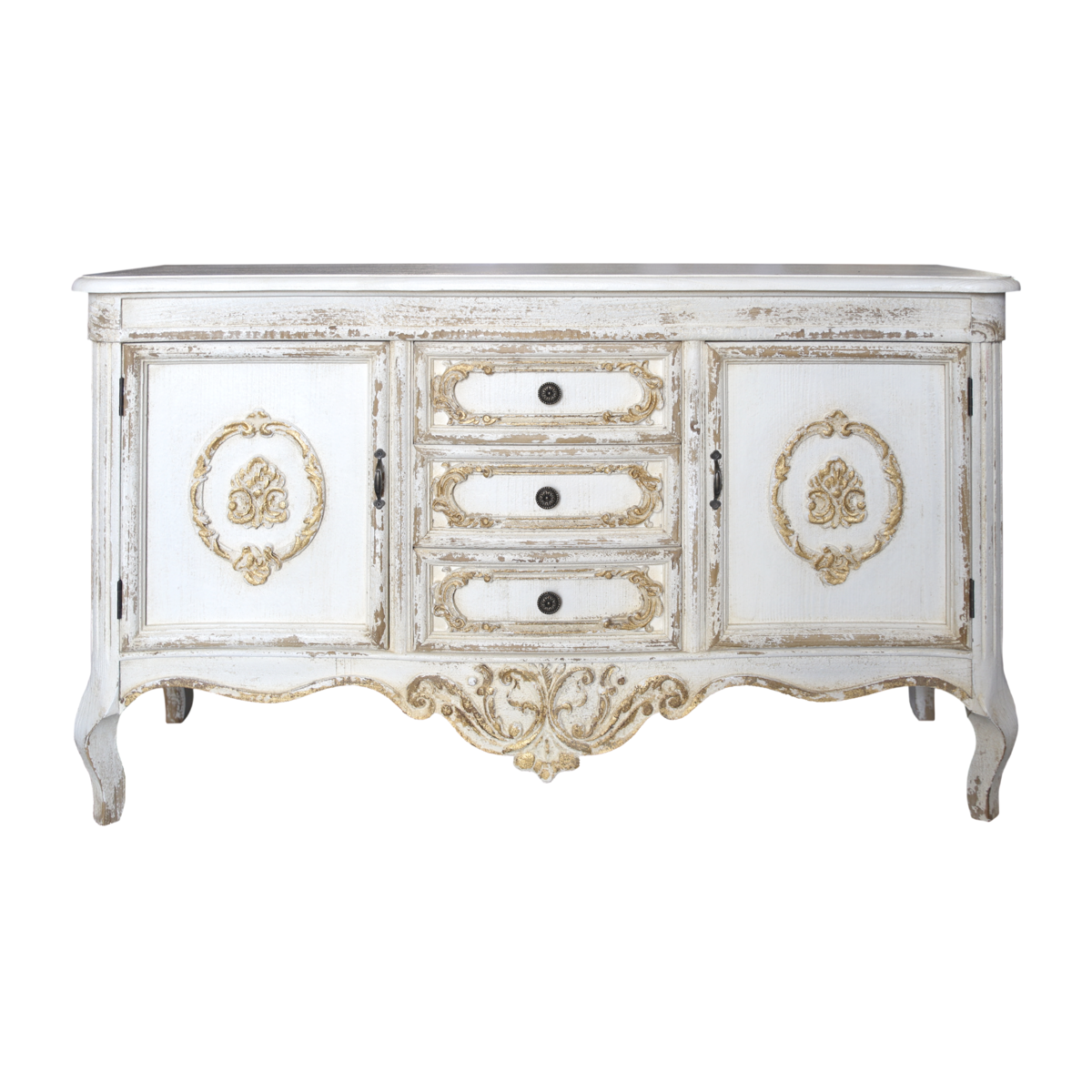 Armario Shabby blanco/dorado 3 cajones 2 puertas 128 x 38 x 76 h cm