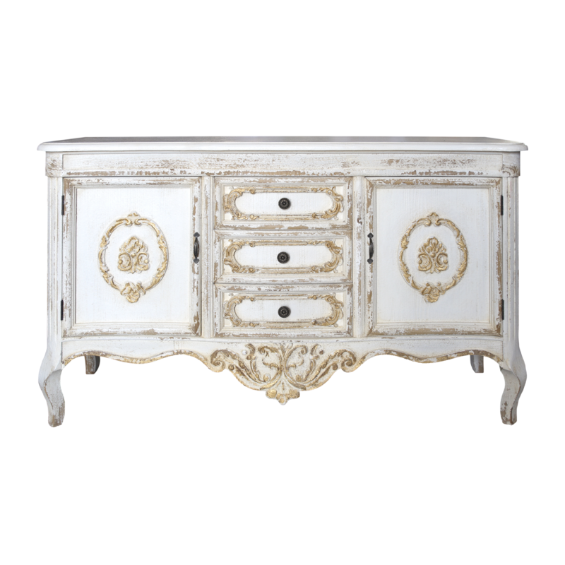 Armario Shabby blanco/dorado 3 cajones 2 puertas 128 x 38 x 76 h cm