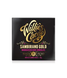  Sambirano Gold, Madagascar (71% dark) chocolate bar from Willie's Cacao. Dark chocolate bar made with cacao from Madagascar, featuring a rich, intense flavor.