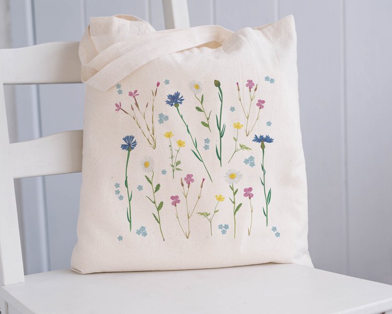 Jutebeutel Blumen, Baumwolltasche mit Wildblumen Print, Einkaufstasche nachhaltig