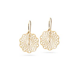 Gilded, statement earrings with a delicate, floral design. The earrings feature a round, filigree pattern in a shiny, golden finish.