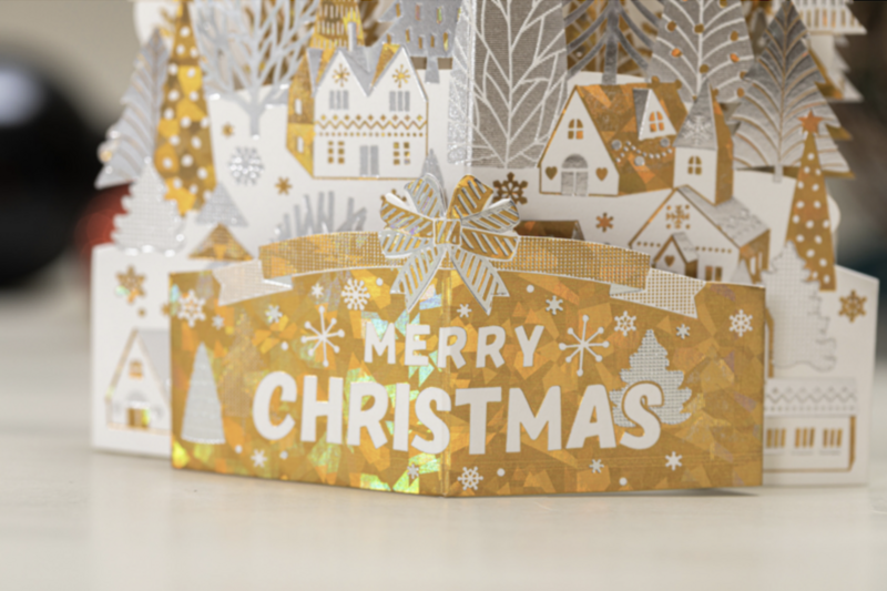 3D Pop up Christmas card gold white houses on a snow hill