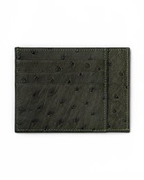Olive green card holder made of ostrich leather with a sleek, minimalist design.