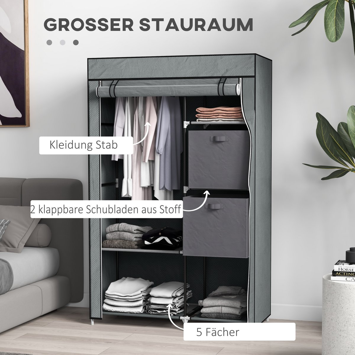 Fabric closet wardrobe foldable cabinet, 1 clothes rail, 6 shelves, 102 x 42.5 x 162.5 cm, gray