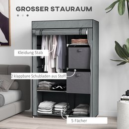Fabric closet wardrobe foldable cabinet, 1 clothes rail, 6 shelves, 102 x 42.5 x 162.5 cm, gray