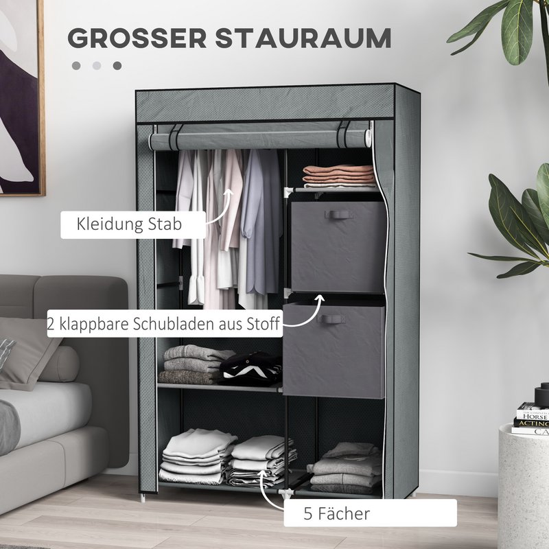 Fabric closet wardrobe foldable cabinet, 1 clothes rail, 6 shelves, 102 x 42.5 x 162.5 cm, gray