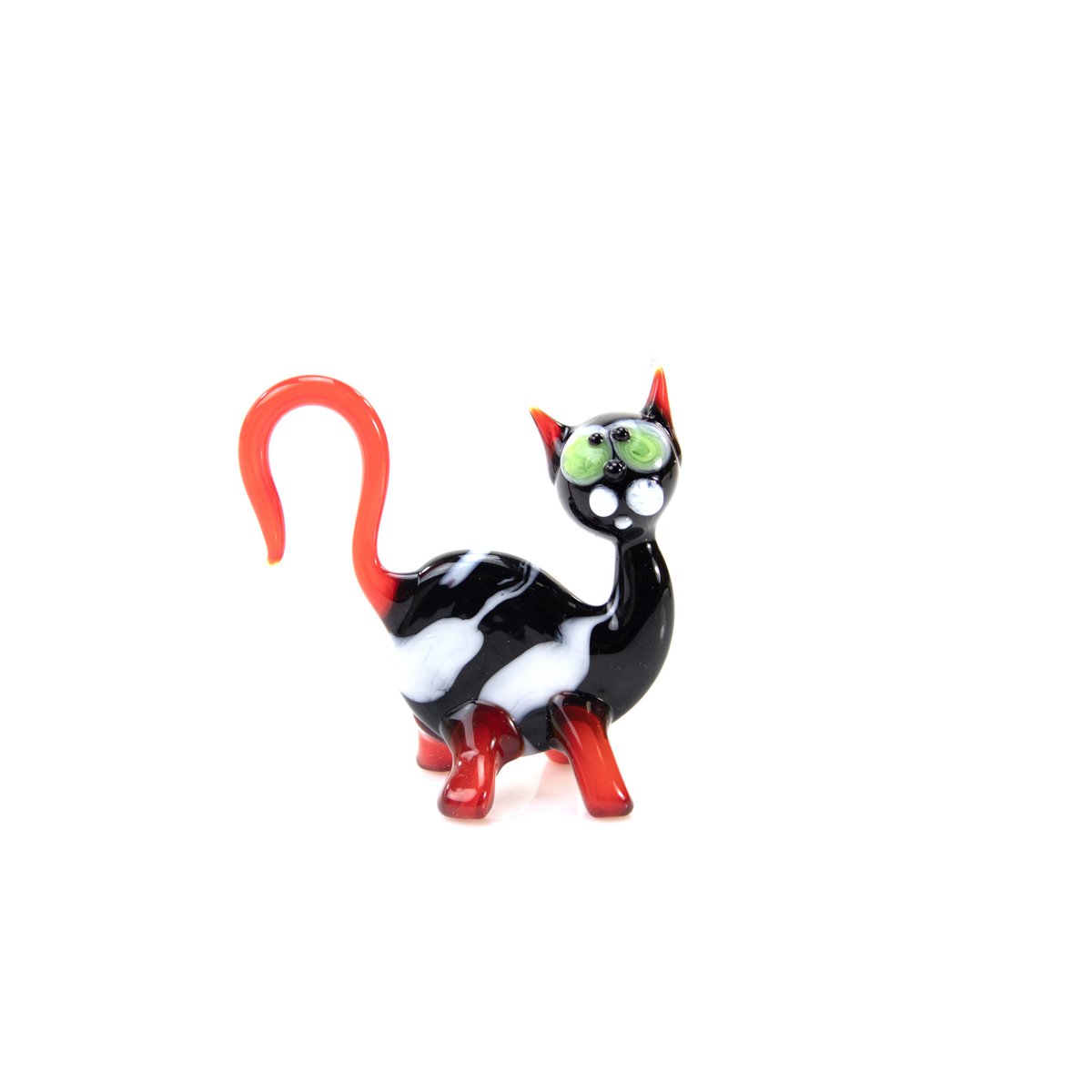 Glass cat - Black/Red/White - height 10 cm - Handmade