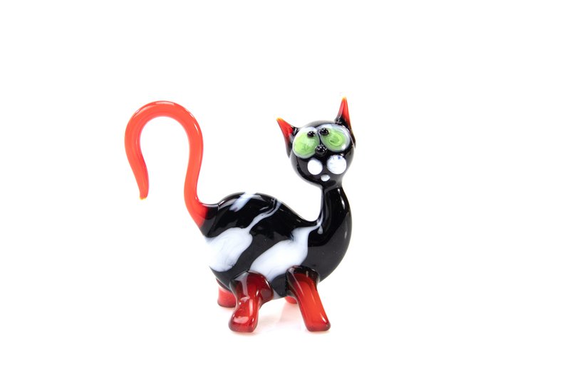 Glass cat - Black/Red/White - height 10 cm - Handmade