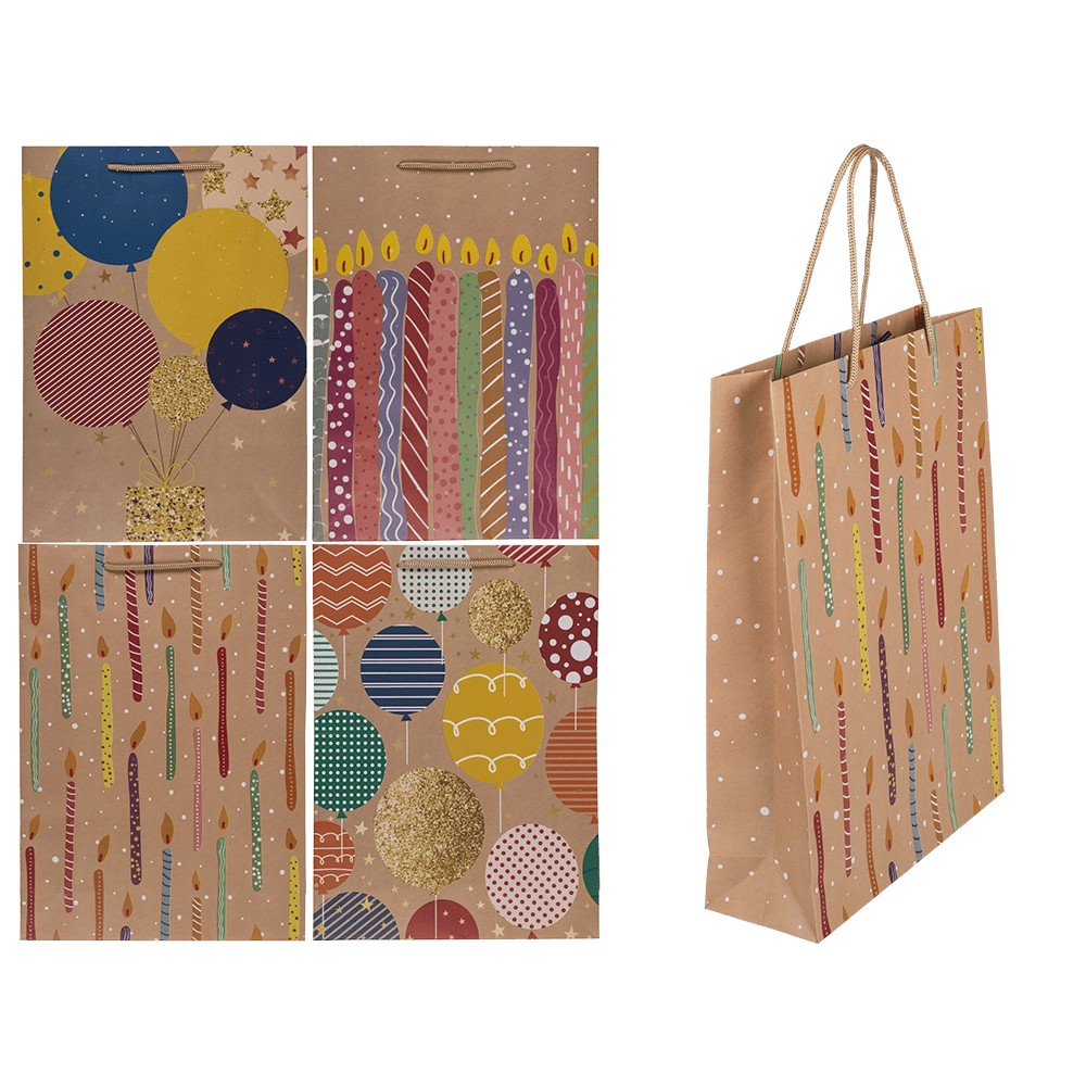 Paper gift bag, ballooons & candles,