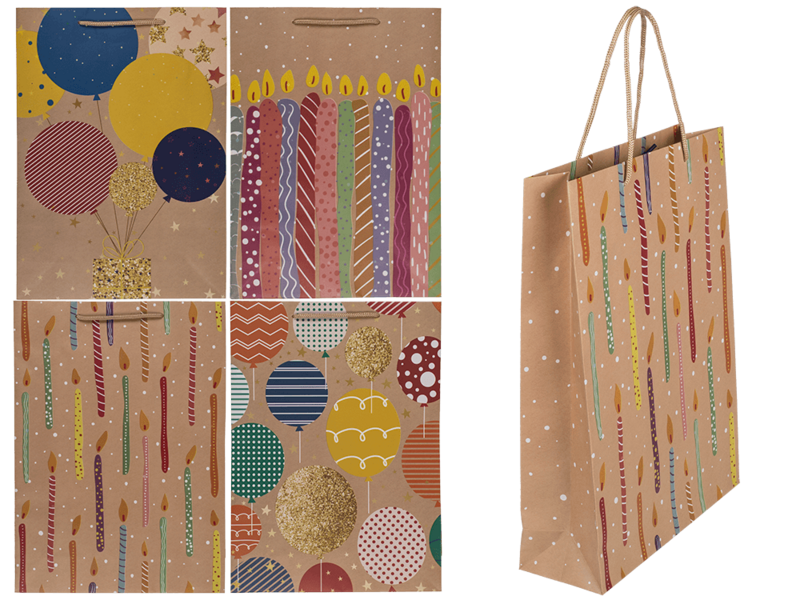 Paper gift bag, ballooons & candles,