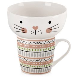  Porcelain cat-themed kids mug and bowl set with colorful patterned design.