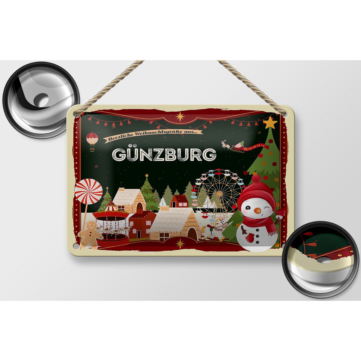 Blikken bord Kerstgroeten GÜNZBURG cadeaudecoratie 18x12cm