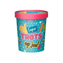 Colorful candy cup with "Super Trots op jou" text, teal blue and pink design, round cylindrical shape, gift container.