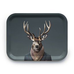  Decorative tray featuring a deer with antlers wearing a scarf. The tray is rectangular in shape and has a dark gray color.