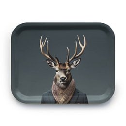Decorative tray featuring a deer with antlers wearing a scarf. The tray is rectangular in shape and has a dark gray color.