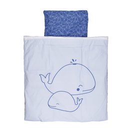 Crib duvet cover featuring a sea life design with whales in a navy blue color. The cover is made of soft, high-quality materials and is suitable for a crib mattress.