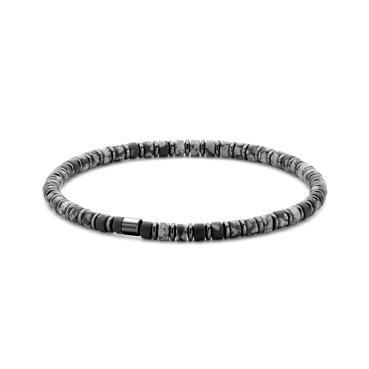 Frank 1967 7FB-0600 Kralen Armband - Heren - Beads - 4 x 2 mm - Snow Flake Obsidian (Vulkaanglas) - Staal - Rekbaar - 19 cm - Antraciet