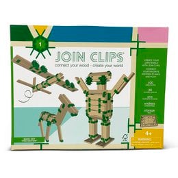 A wooden building block set with various green and wooden pieces, including a robot-like figure. The set is labeled "JOIN CLIPS Basis Set Pro Editie" and is categorized as Building Blocks.