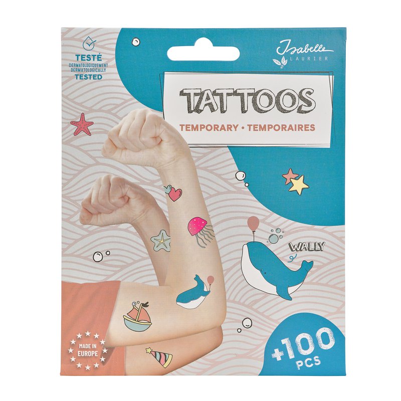 Tijdelijke tattoos - Wally de walvis - 4 vellen met + 100 tattoos